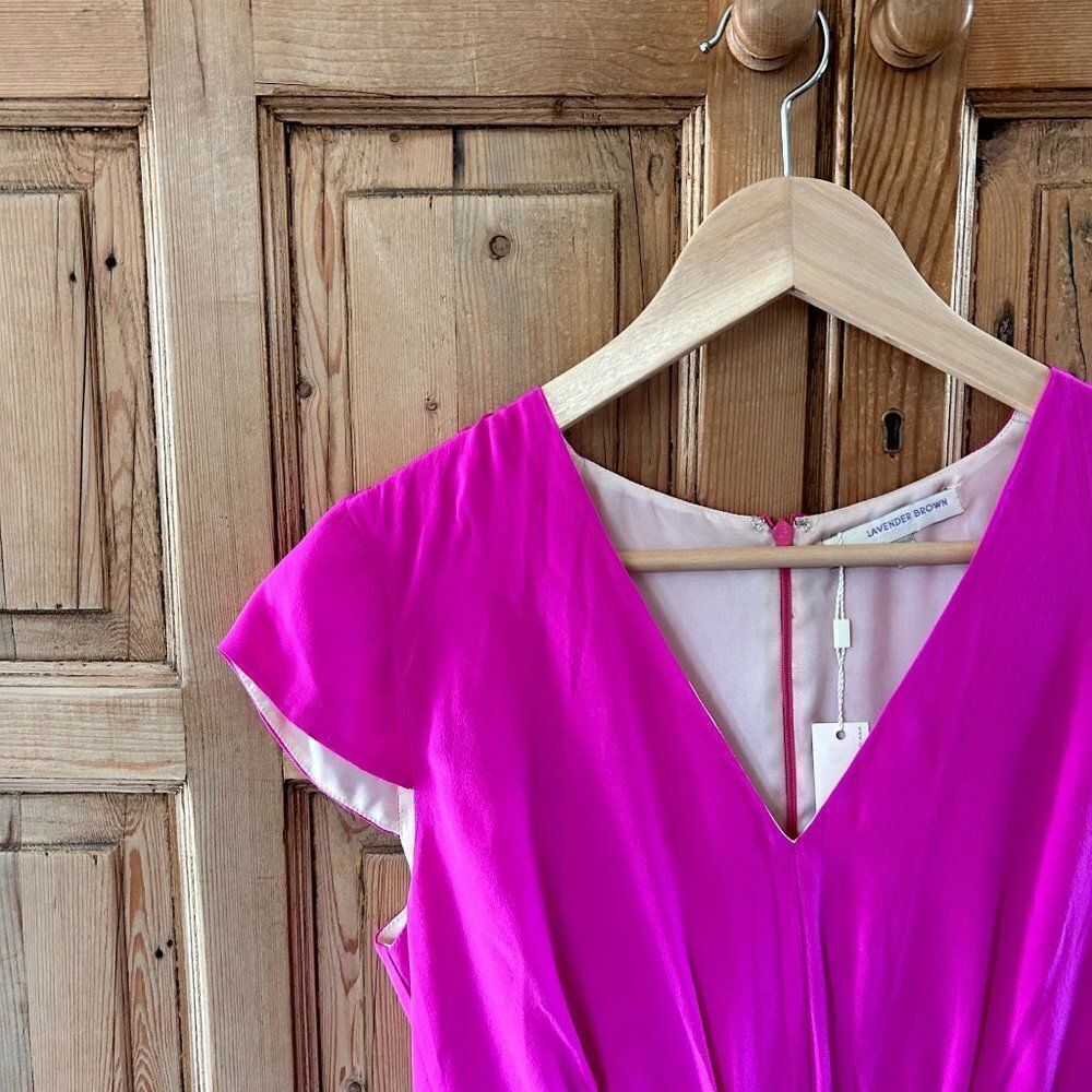 Lavender Brown Small Hot Pink Dress Fuschia V-Neck Fit and Flare Silk Barbie NEW - Picture 2 of 8
